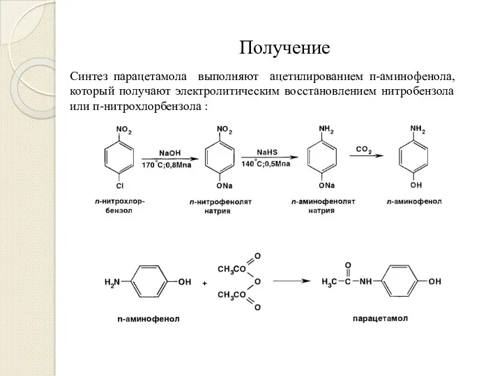 Получение Синтез парацетамола выполняют ацетилированием п-аминофенола, который получают электролитическим восстановлением нитробензола или п-нитрохлорбензола :