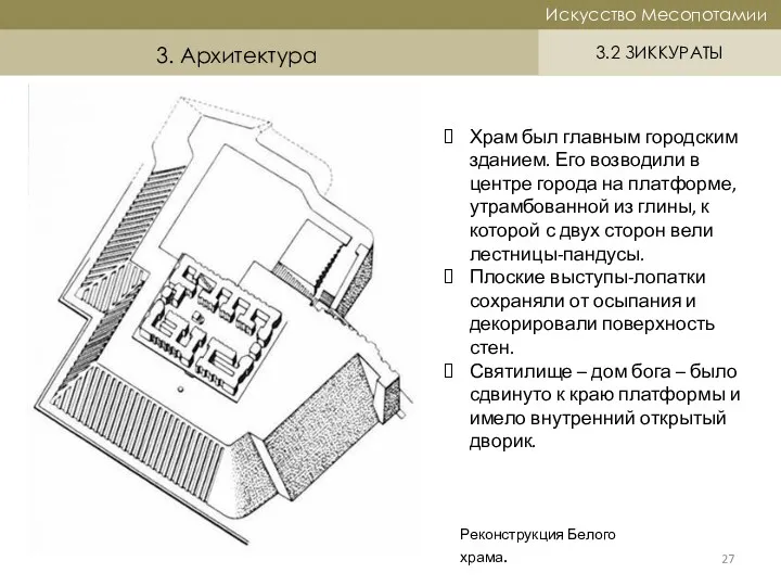 Историческая справка Искусство Месопотамии Искусство Месопотамии 3.2 ЗИККУРАТЫ 3. Архитектура