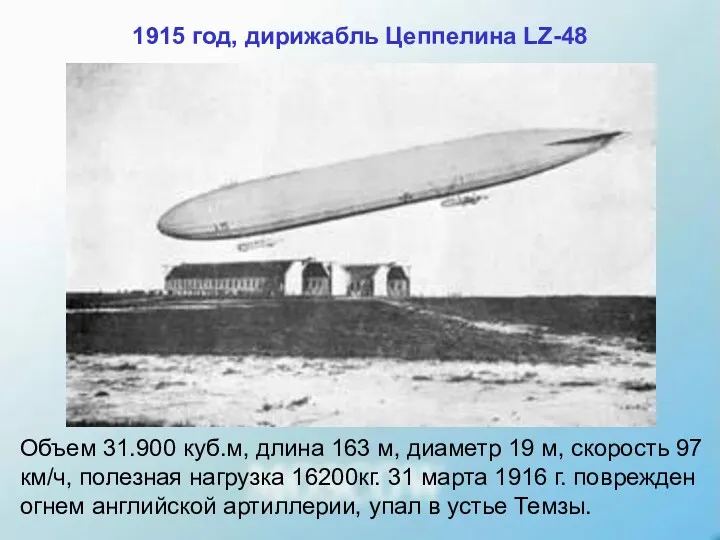 1915 год, дирижабль Цеппелина LZ-48 Объем 31.900 куб.м, длина 163