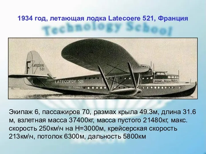 1934 год, летающая лодка Latecoere 521, Франция Экипаж 6, пассажиров