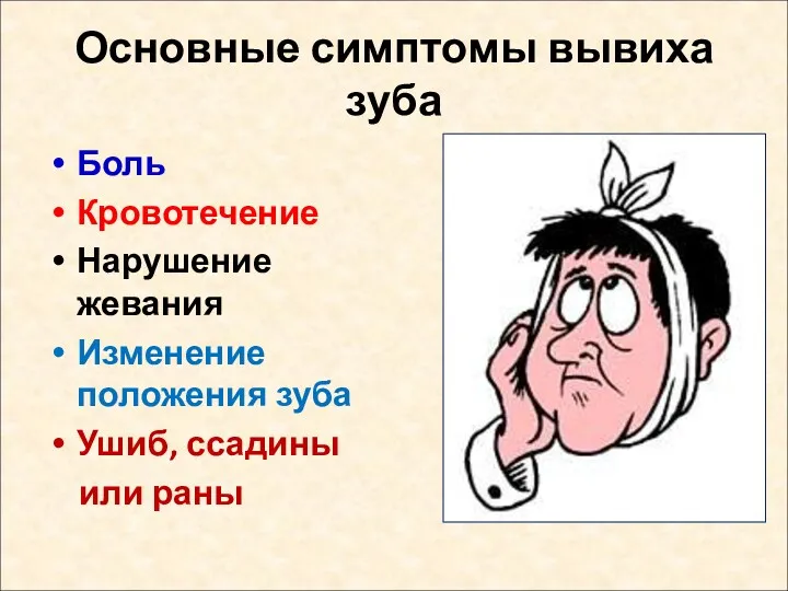 Основные симптомы вывиха зуба Боль Кровотечение Нарушение жевания Изменение положения зуба Ушиб, ссадины или раны