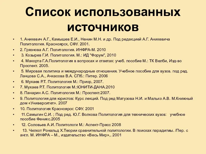 Список использованных источников 1. Аникевич А.Г., Камышев Е.И., Ненин М.Н.