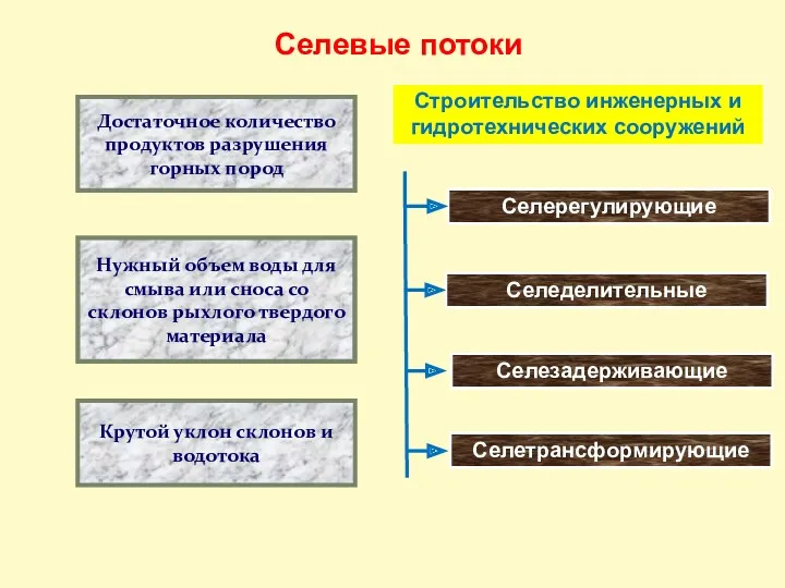 Селевые потоки Условия возникновения потока Строительство инженерных и гидротехнических сооружений