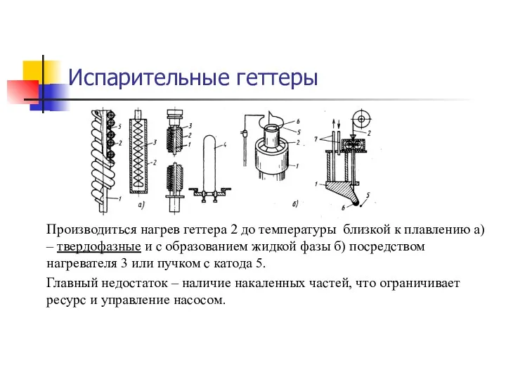 Испарительные геттеры Производиться нагрев геттера 2 до температуры близкой к