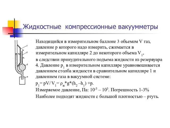 Жидкостные компрессионные вакуумметры Находящийся в измерительном баллоне 3 объемом V