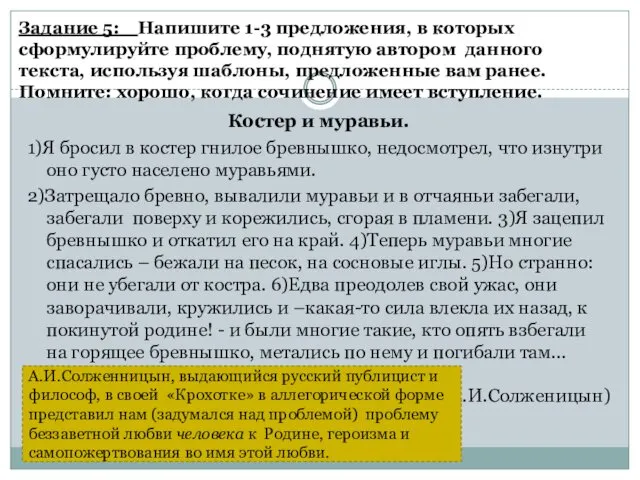 Задание 5: Напишите 1-3 предложения, в которых сформулируйте проблему, поднятую автором данного текста,