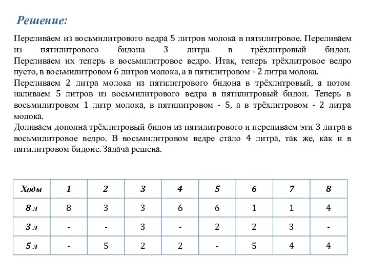 Переливаем из восьмилитрового ведра 5 литров молока в пятилитровое. Переливаем