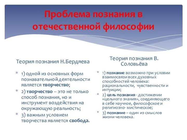 Проблема познания в отечественной философии Теория познания Н.Бердяева 1) одной