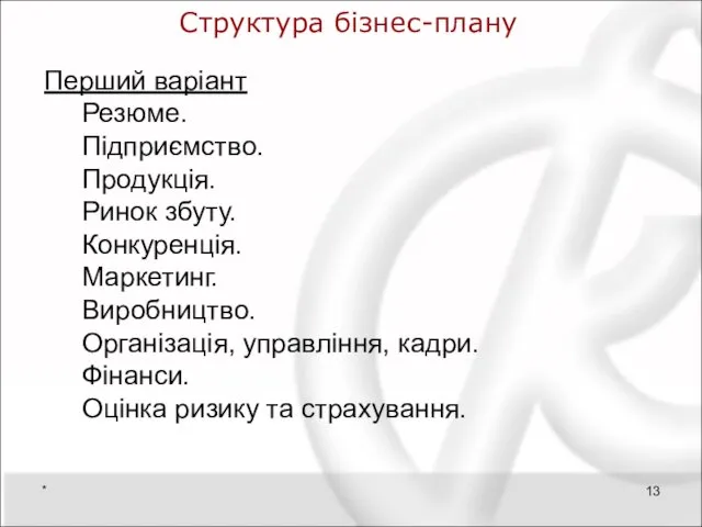 Структура бізнес-плану Перший варіант Резюме. Підприємство. Продукція. Ринок збуту. Конкуренція. Маркетинг. Виробництво. Організація,