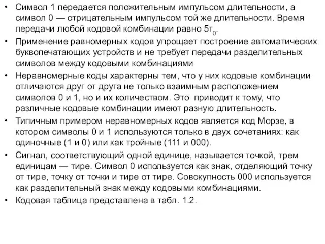 Символ 1 передается положительным импульсом длительности, а символ 0 —