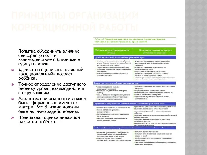 ПРИНЦИПЫ ОРГАНИЗАЦИИ КОРРЕКЦИОННОЙ РАБОТЫ Попытка объединить влияние сенсорного поля и