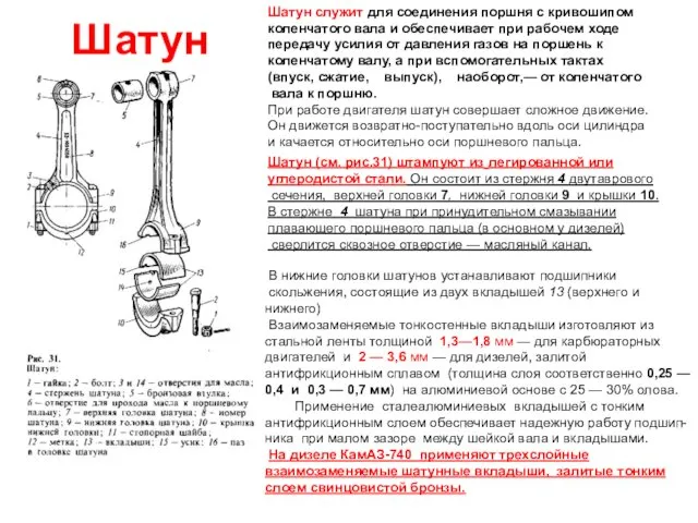 Шатун Шатун служит для соединения поршня с кривошипом коленчатого вала