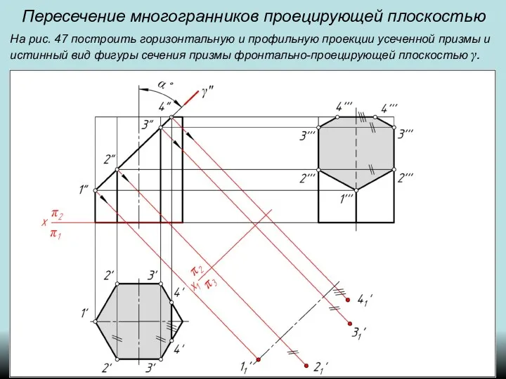 Пересечение многогранников проецирующей плоскостью На рис. 47 построить горизонтальную и