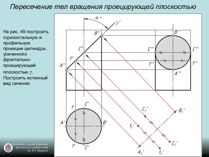 Пересечение тел вращения проецирующей плоскостью На рис. 49 построить горизонтальную