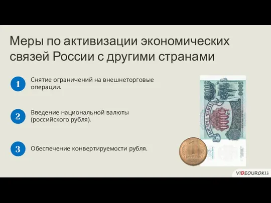 Снятие ограничений на внешнеторговые операции. 1 Введение национальной валюты (российского