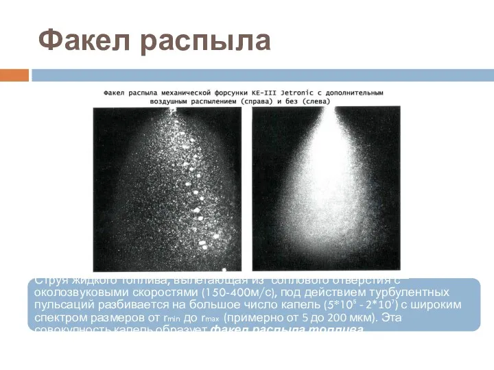 Факел распыла Струя жидкого топлива, вылетающая из соплового отверстия с