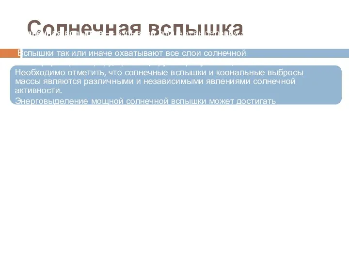 Солнечная вспышка Солнечная вспышка — взрывной процесс выделения энергии (световой,