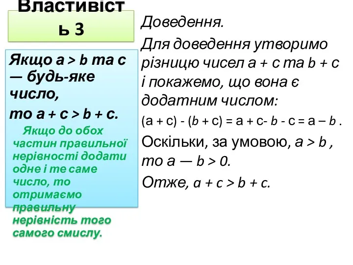 Властивість 3 Доведення. Для доведення утворимо різницю чисел а +