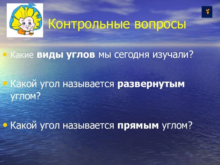 Контрольные вопросы Какие виды углов мы сегодня изучали? Какой угол