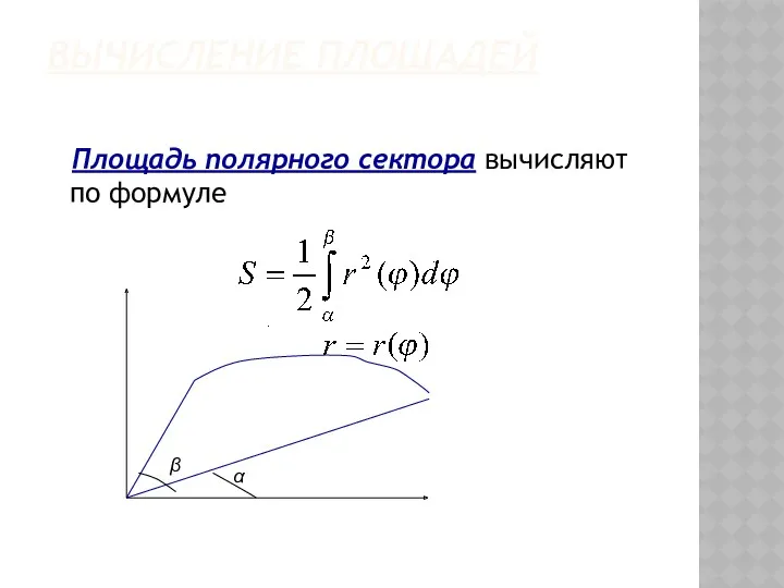 ВЫЧИСЛЕНИЕ ПЛОЩАДЕЙ Площадь полярного сектора вычисляют по формуле . α β