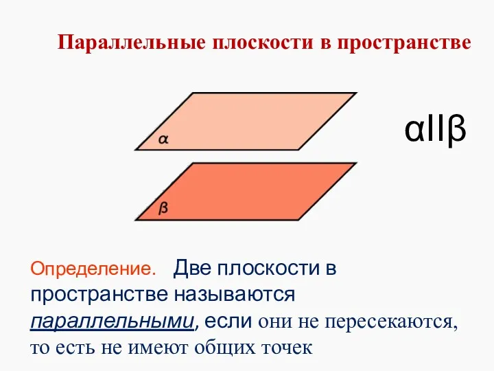 Параллельные плоскости в пространстве Определение. Две плоскости в пространстве называются