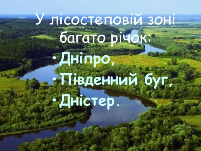 У лісостеповій зоні багато річок: Дніпро, Південний буг, Дністер.