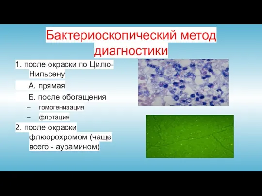 Бактериоскопический метод диагностики 1. после окраски по Цилю-Нильсену А. прямая Б. после обогащения