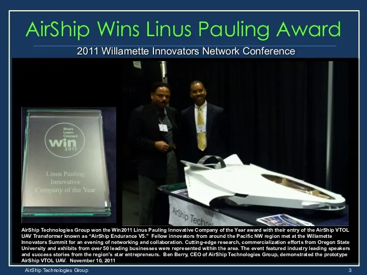 AirShip Wins Linus Pauling Award AirShip Technologies Group won the