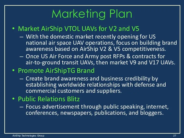 Marketing Plan Market AirShip VTOL UAVs for V2 and V5