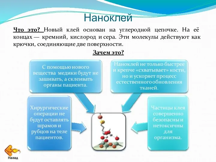 Наноклей Что это? Новый клей основан на углеродной цепочке. На её концах —