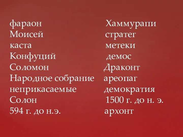 фараон Хаммурапи Моисей стратег каста метеки Конфуций демос Соломон Драконт