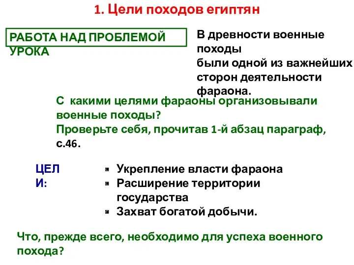 1. Цели походов египтян С какими целями фараоны организовывали военные