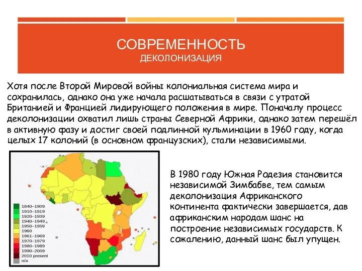 СОВРЕМЕННОСТЬ ДЕКОЛОНИЗАЦИЯ Хотя после Второй Мировой войны колониальная система мира