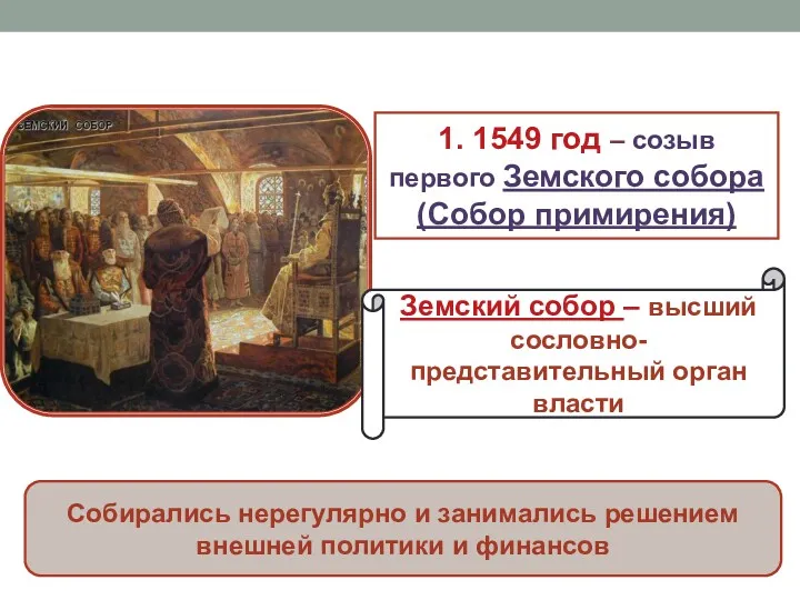 1. 1549 год – созыв первого Земского собора (Собор примирения)