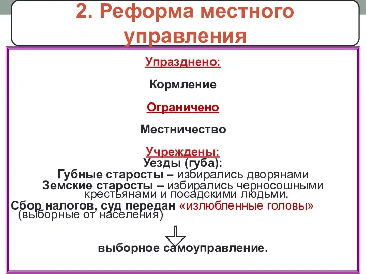 Упразднено: Кормление Ограничено Местничество Учреждены: Уезды (губа): Губные старосты –