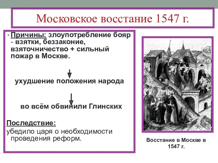 Московское восстание 1547 г. Причины: злоупотребление бояр - взятки, беззаконие,