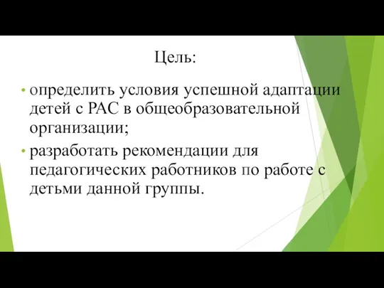 Цель: определить условия успешной адаптации детей с РАС в общеобразовательной