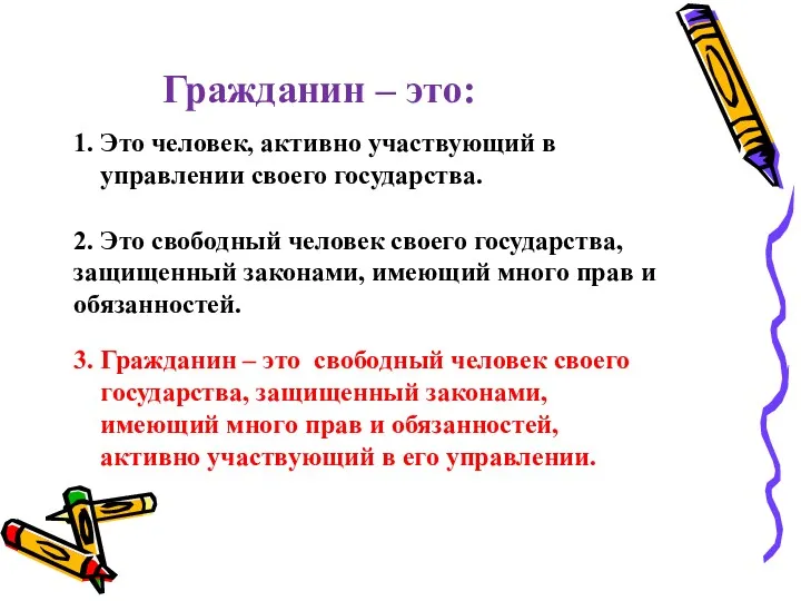 1. Это человек, активно участвующий в управлении своего государства. Гражданин