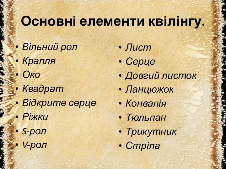 Основні елементи квілінгу. Вільний рол Крапля Око Квадрат Відкрите серце