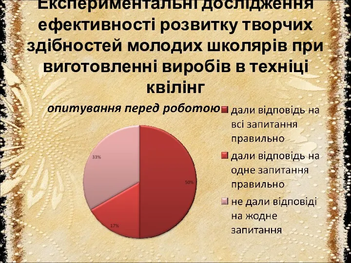 Експериментальні дослідження ефективності розвитку творчих здібностей молодих школярів при виготовленні виробів в техніці квілінг