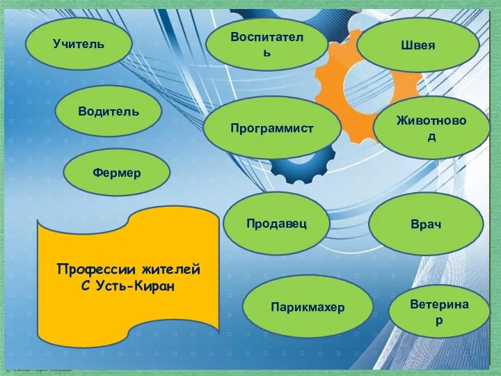 Профессии жителей С Усть-Киран Водитель Учитель Воспитатель Ветеринар Животновод Парикмахер Программист Продавец Швея Врач Фермер