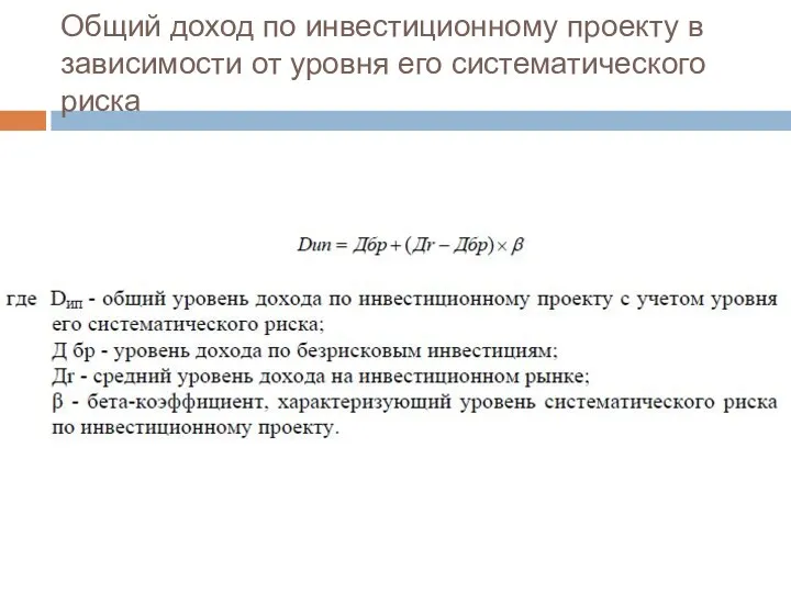 Общий доход по инвестиционному проекту в зависимости от уровня его систематического риска