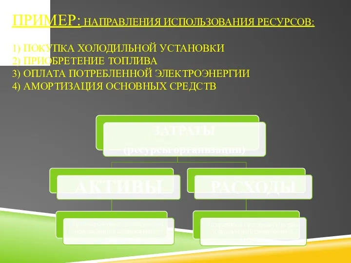 ПРИМЕР: НАПРАВЛЕНИЯ ИСПОЛЬЗОВАНИЯ РЕСУРСОВ: 1) ПОКУПКА ХОЛОДИЛЬНОЙ УСТАНОВКИ 2) ПРИОБРЕТЕНИЕ