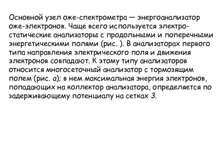 Основной узел оже-спектрометра — энергоанализатор оже-электронов. Чаще всего используется электро-статические