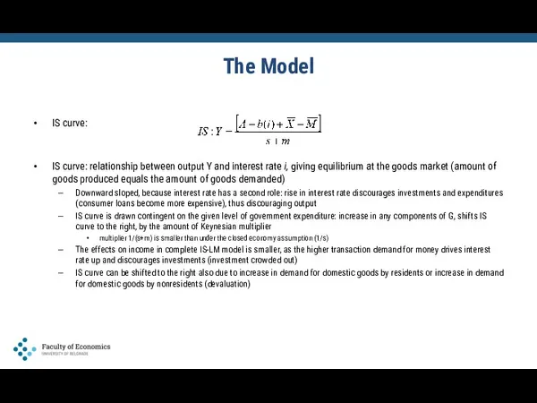 The Model IS curve: IS curve: relationship between output Y and interest rate