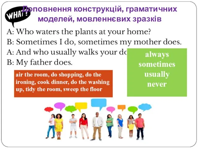 Доповнення конструкцій, граматичних моделей, мовленнєвих зразків A: Who waters the