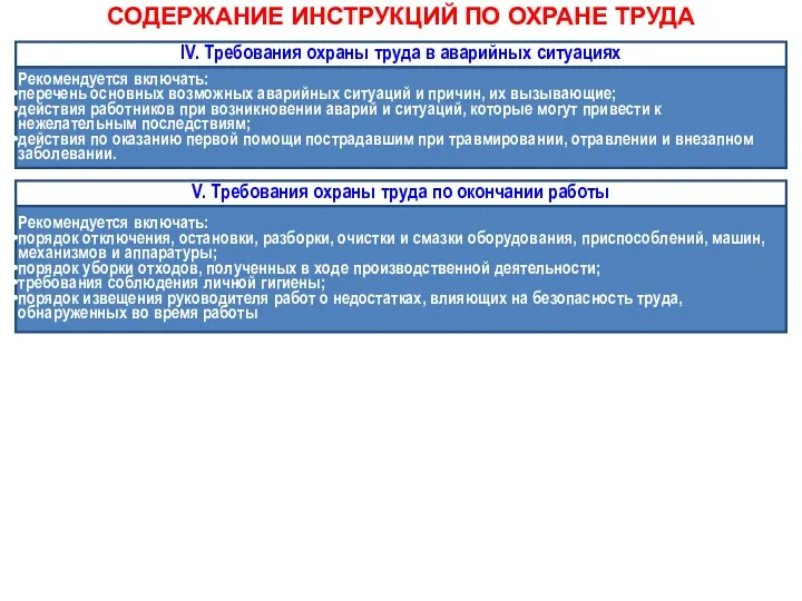 СОДЕРЖАНИЕ ИНСТРУКЦИЙ ПО ОХРАНЕ ТРУДА IV. Требования охраны труда в аварийных ситуациях Рекомендуется