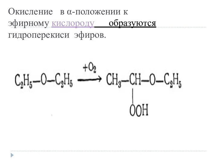 Окисление в α-положении к эфирному кислороду образуются гидроперекиси эфиров.