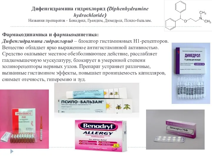 Дифенгидрамина гидрохлорид (Diphenhydramine hydrochloride) Названия препаратов - Бенадрил, Грандим, Димедрол,