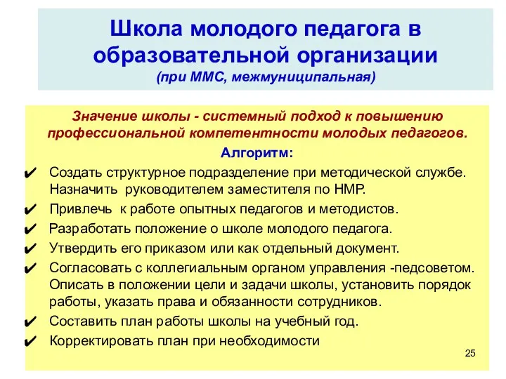 Школа молодого педагога в образовательной организации (при ММС, межмуниципальная) Значение